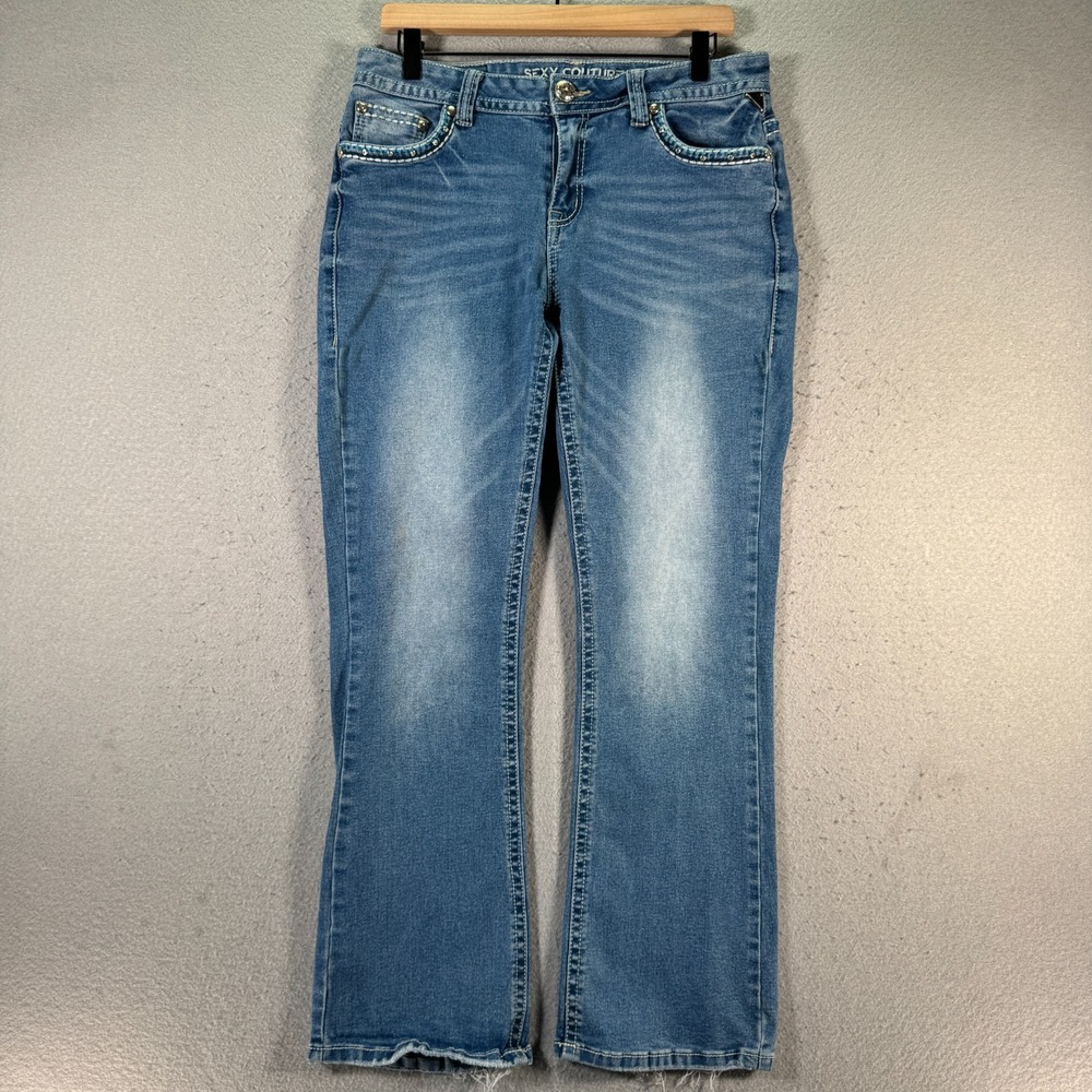 Sexy Couture Bootcut Jeans Womens 32x28 Blue‎ Medium Wash Embellished Gems Denim